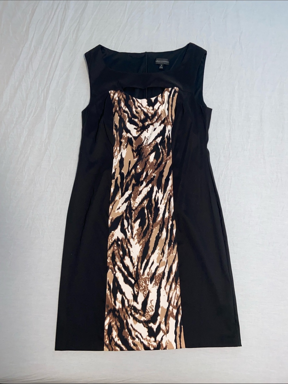 Sleeveless Black Dress with Brown Animal Print Panel